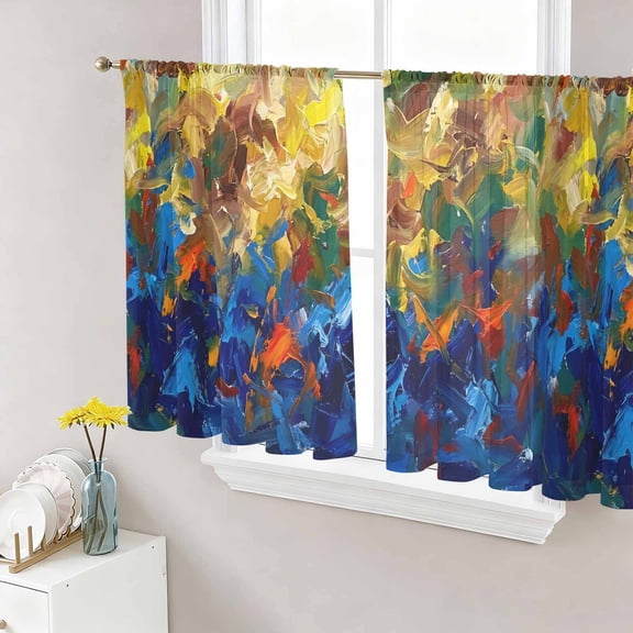 Blue Yellow Green Semi Sheer Curtains 45 Inch Length 2 Panels Set, Modern Abstract Gradient Aesthetic Art Sheer Kitchen Curtain Privacy Voile Window Curtain for Living Room Bedroom Rod Pocket Drapes