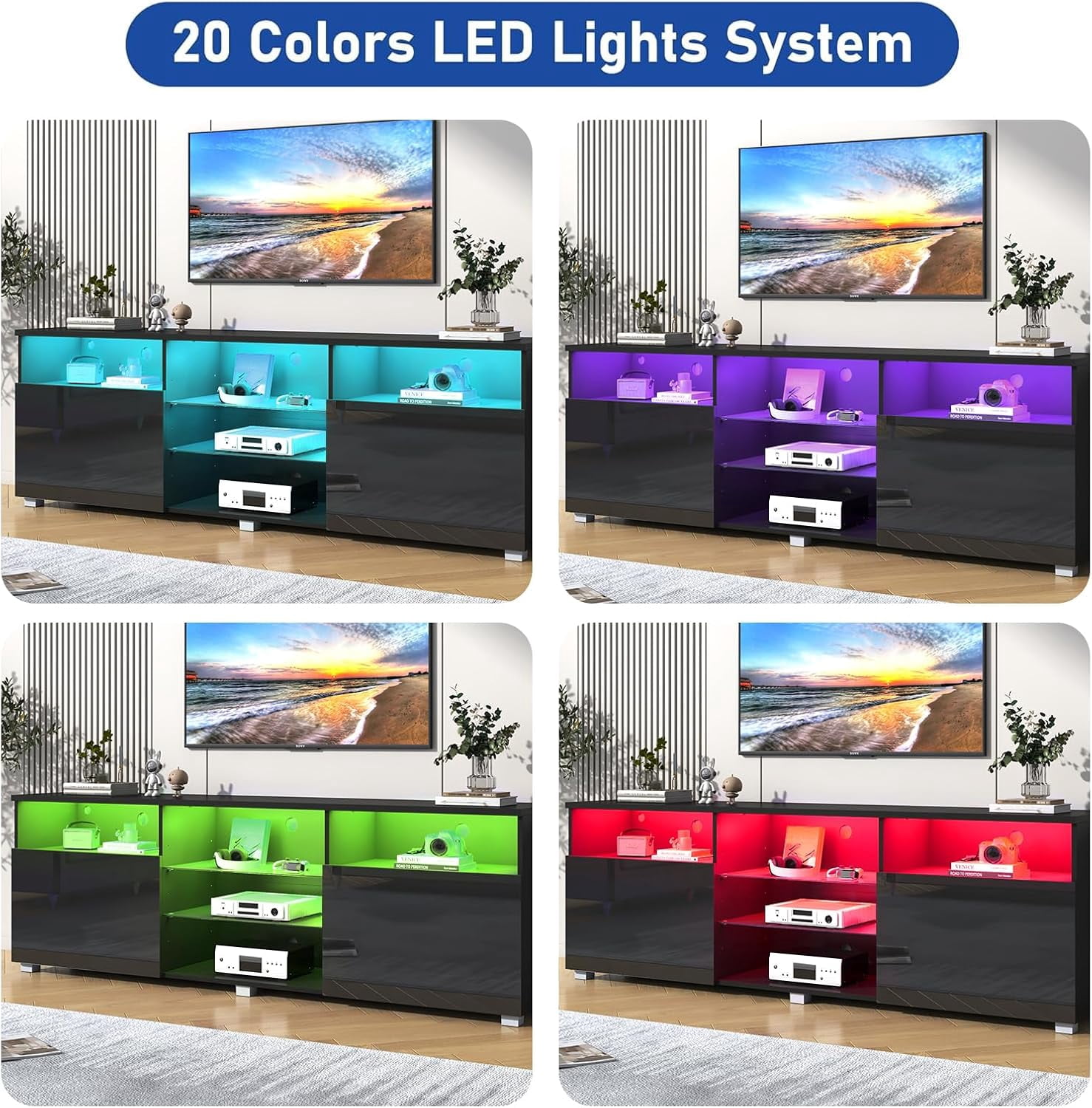 ChVans LED TV Stand for 70/75/80 inch, High Glass Modern Entertainment Center with LED Lights and Glossy Cabinets