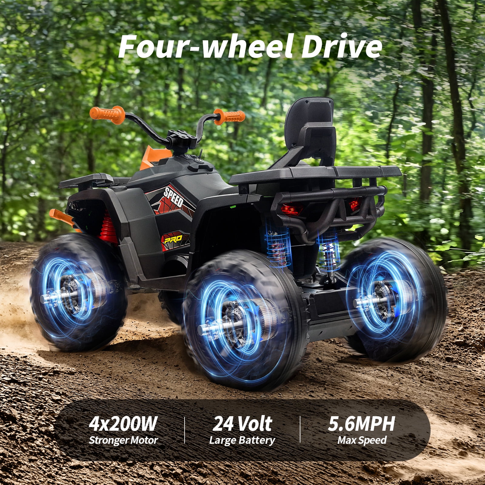 Hikiddo 24V 4WD Kids ATV 4 Wheeler, 2-Seater Powered Ride on ATV Toy for Big Kids w/ Bluetooth, 4x200W Motor - Orange