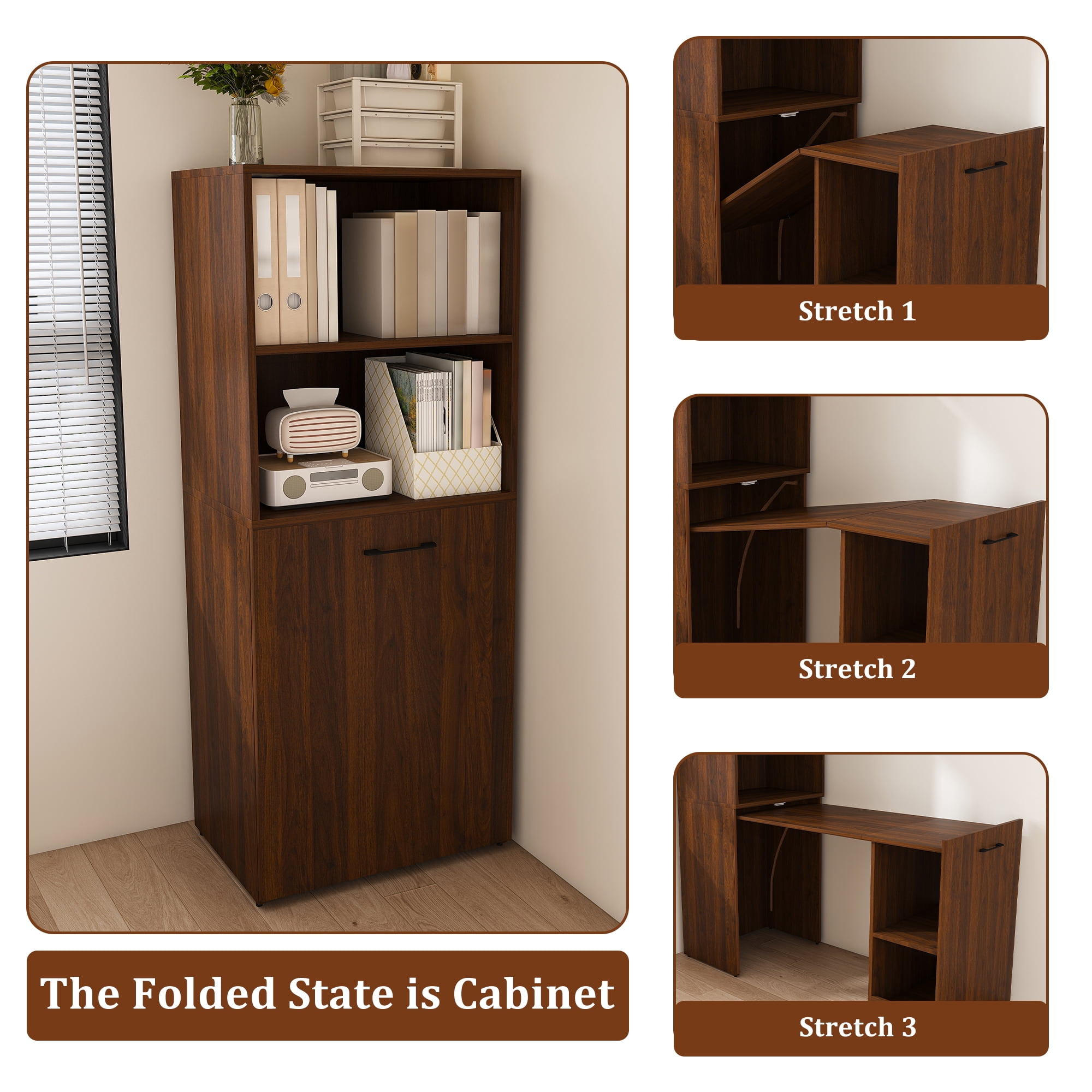 Mintazer Expandable Retractable Desk with Adjustable Open Shelves & Storage, Multi‑Mode Folding Desk Cabinet with Lockable Mobile Wheels for Small Apartment Dorm Home Office, Walnut