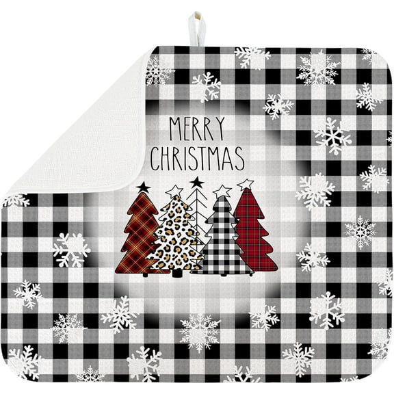 Dish Drying Mat for Kitchen Counter Large 18" x 24" Buffalo Plaid Christmas Tree Absorbent Microfiber Dishes Drainer Rack Mats Pad Reusable Washable