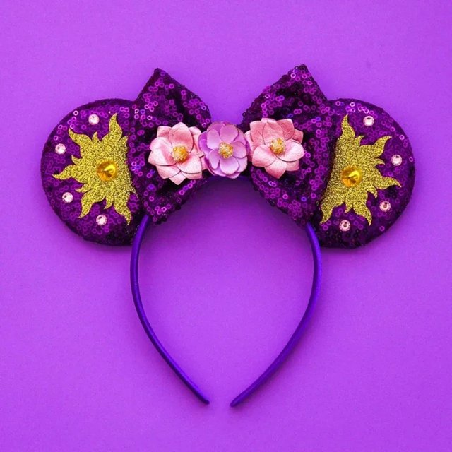 Accesorios para el cabello de Mickey Mouse Rapunzel para mujer, diademas con orejas de flor para el sol, lazo de lentejuelas para niños, diademas de camaleón enredadas