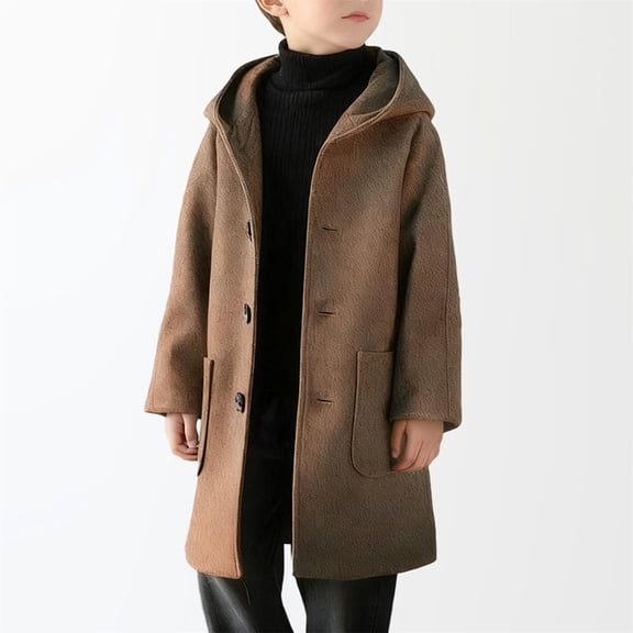 BRGZLK Boys Peacoat Solid Color Mid Long Length Cardigan Warm Overcoat with Pockets and Buttons Trendy Casual Coat for Fall Winter Khaki 14-15 Years