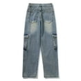 thumbnail image 4 of Luwomo Casual Jeans for Mens Cargo High Street Workwear Wide Leg Straight Leg High Waist Long Trousers Loose Fit Design with Pocket Relaxed Fit Denim Pants Blue,L, 4 of 9