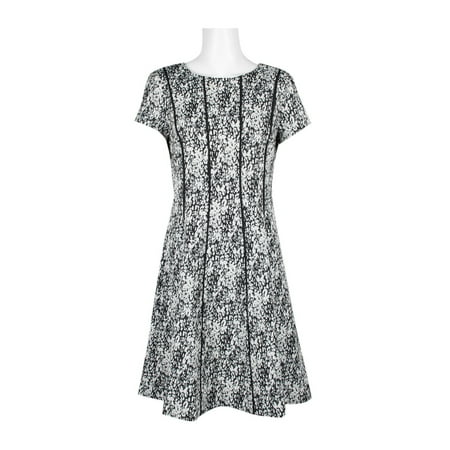 Adrianna Papell Scoop Neck Short Sleeve Piping Detail Zipper Back A-Line-BLACK IVORY / 6