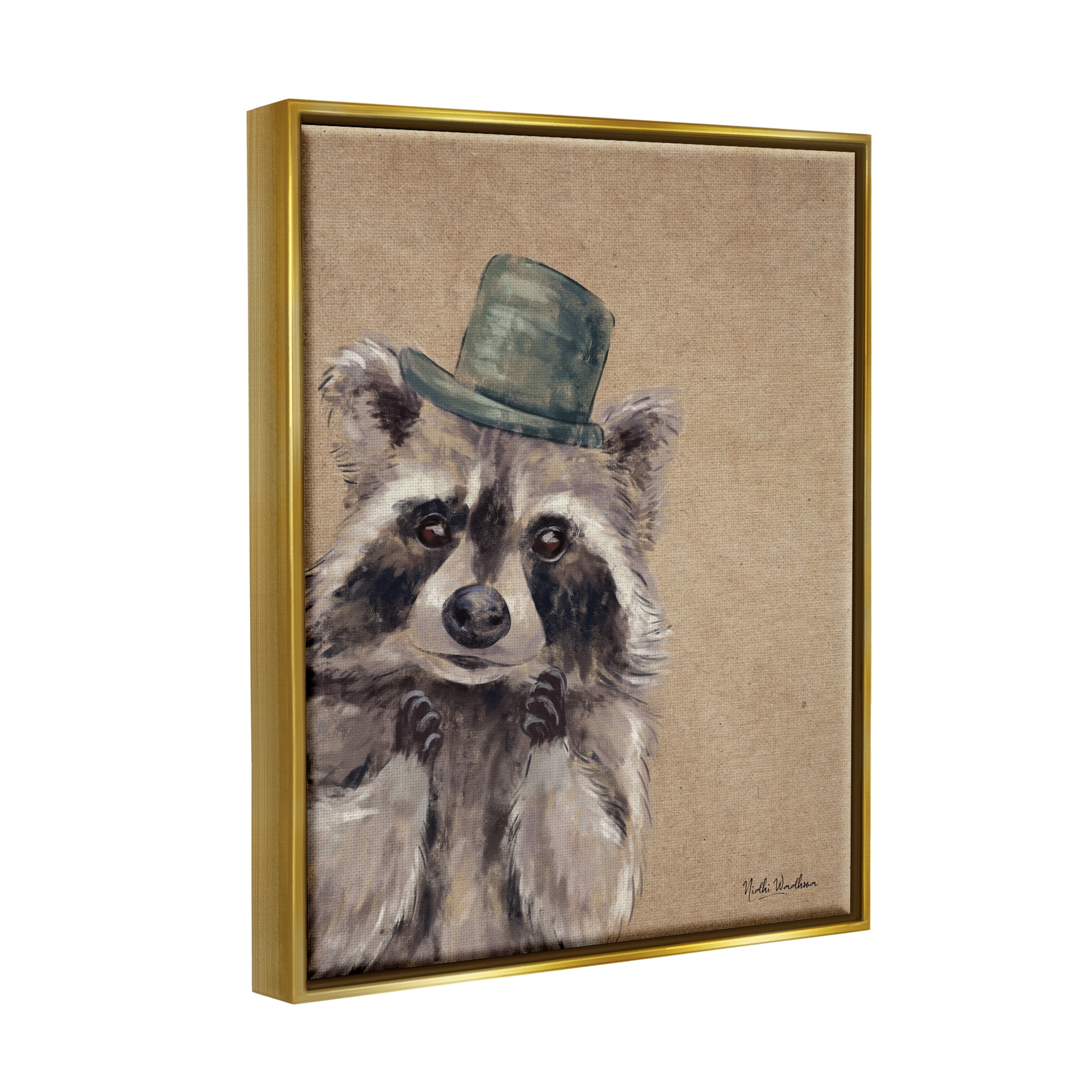 Stupell Industries Raccoon Wearing Top Hat Animals & Insects Painting Gold Floater Framed Art Print Wall Art, 17 x 21