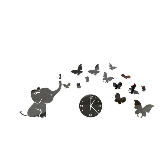 MORESEC under $5 Frameless DIY Wall ClockMirror Sticker Mute Clock for Home and Office Decor, Removable Elephant Butterfly Design, Silent Ticking Wall Clock, Easy to Apply Decorative Clock
