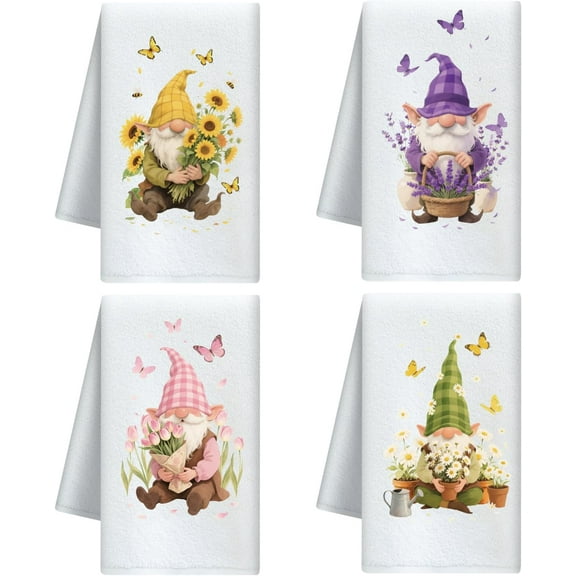 Gnome and Flower Decorative Kitchen Towels Set of 4 Soft Absorbent Microfiber Dish Towel for Kitchen Tea Coffee Bar Home Best Gift for Housewarming Christmas Thanksgiving Birthday