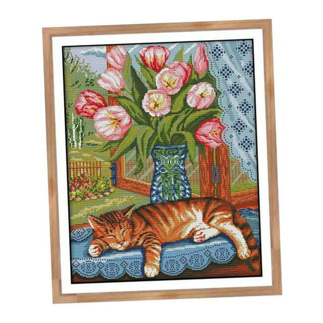 GUOOL Embroidery Starter Cross Stitch Including Embroidery Cloth Cat Print 14CT