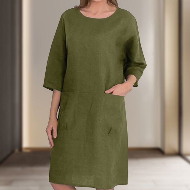 Vestido de verano para mujer, vestido suelto de lino y algodón a la moda, cuello redondo, vestido hasta la rodilla FLhrweasw Nuevo