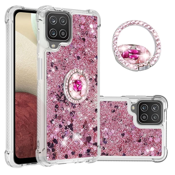 Funda para Samsung Galaxy A12 con Brillo Líquido Flotante, Purpurina, Parachoques y Anillo Giratorio Soporte