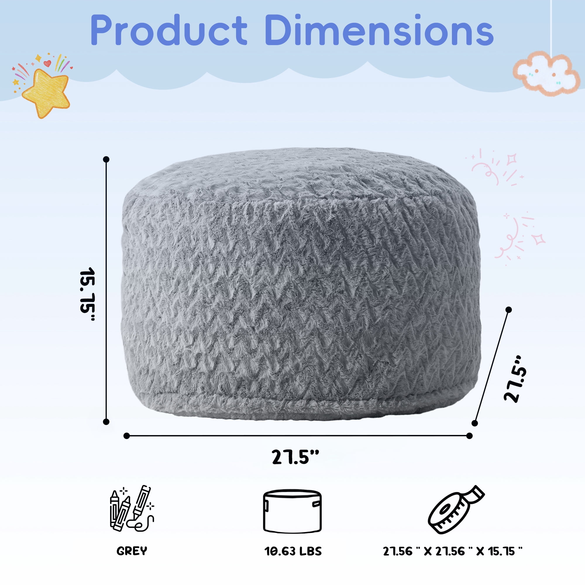 Fulsmile 2.5Ft Bean Bag Chair for Kids with Memory Foam Filling, Kid Cozy Plush Chair with Detachable Soft Cover for Bedroom Living Room Play Room, Chevron Gray