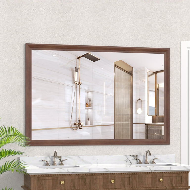 GZXS 60x40 Inch Large Wall Mirror with Walnut Aluminum Frame