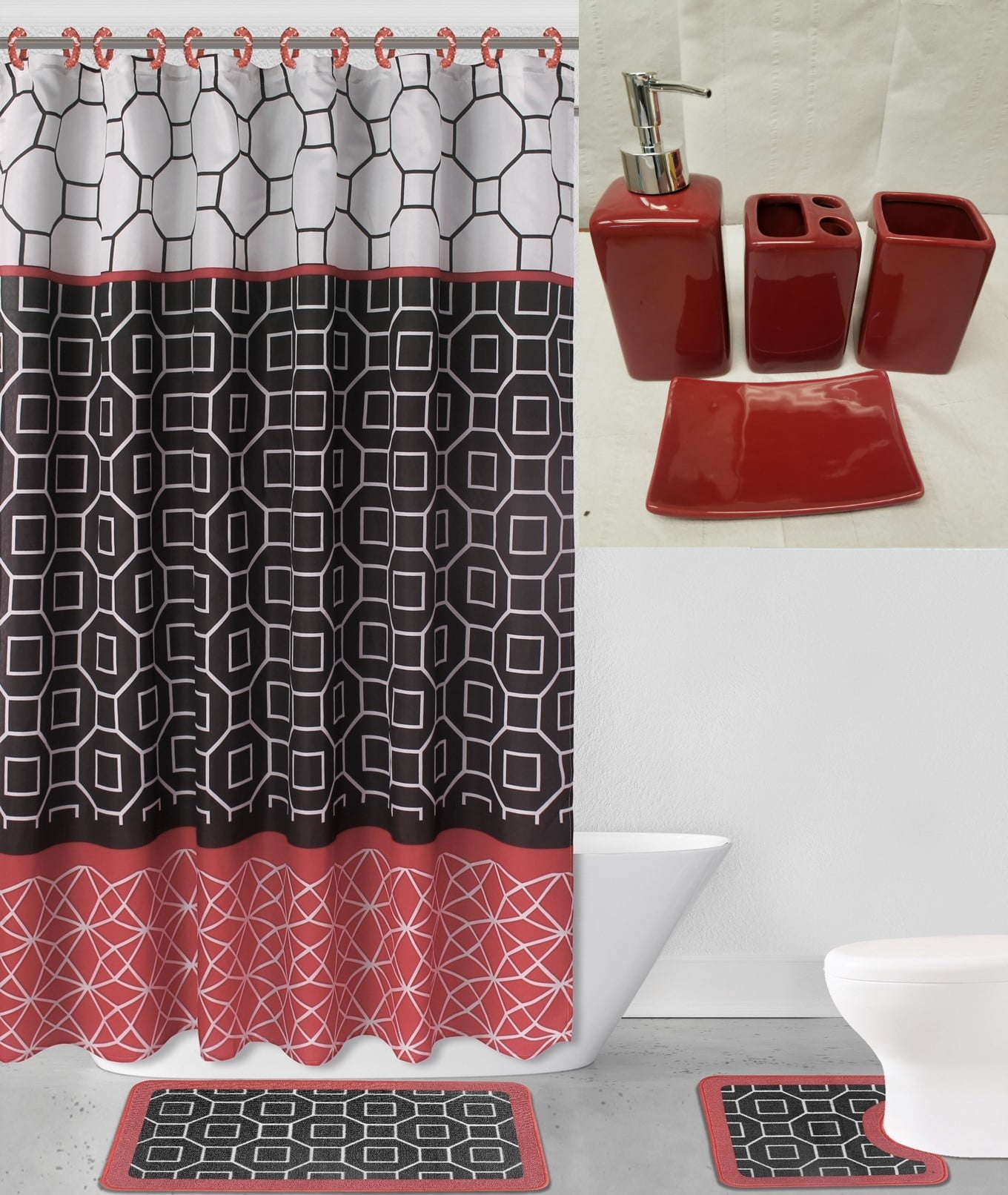 19pc Diamond Red Black Bathroom Set, Black Bathroom Shower Curtain Sets