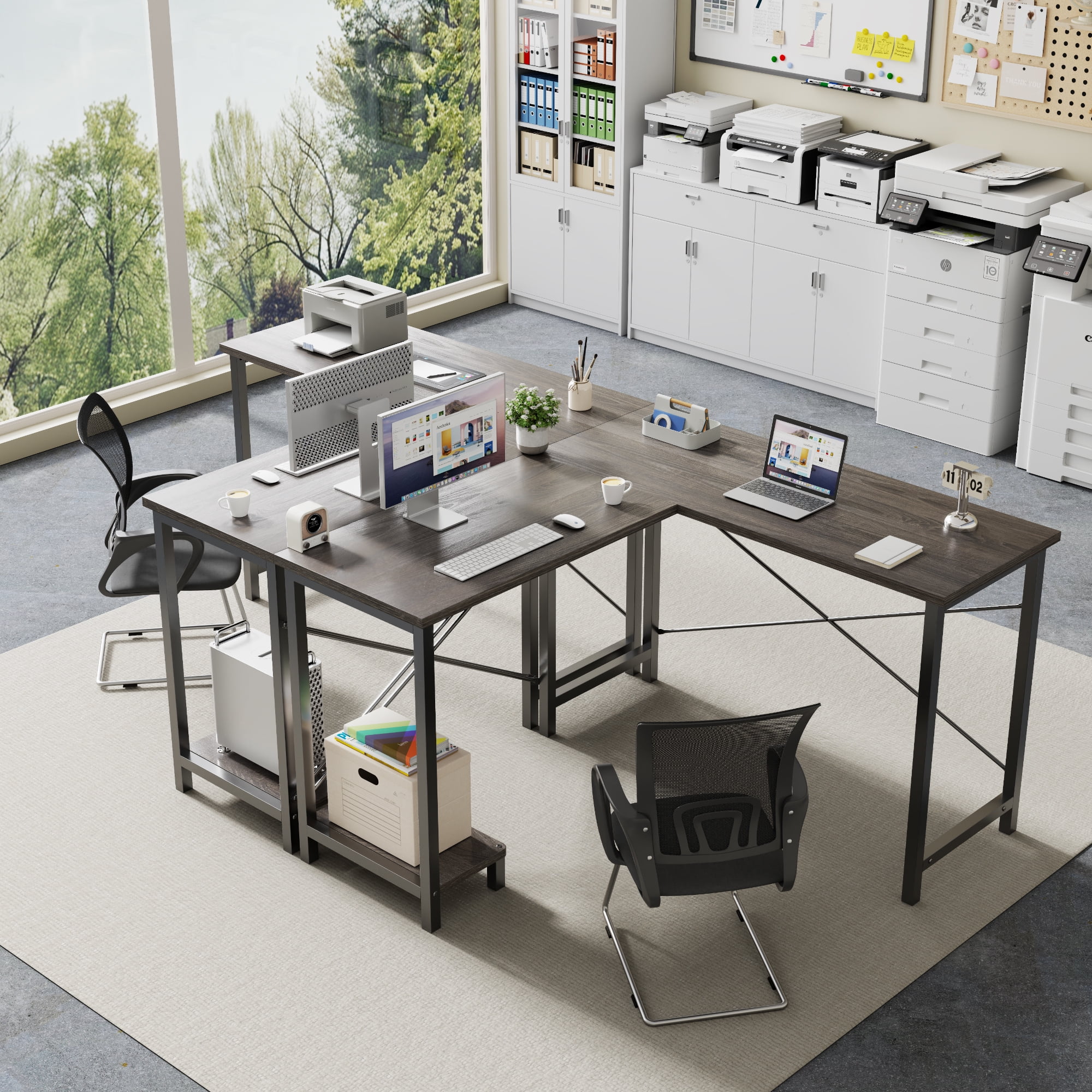JIOABL 50" L-Shaped Corner Gaming Desk with Reversible CPU Stand, Waterproof Desktop & Metal Frame, Wood Gray