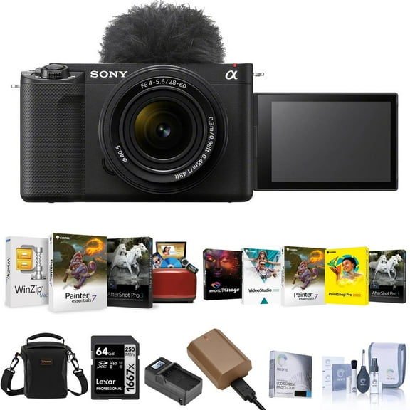 ZV-E1 Mirrorless Camera, Black with FE 28-60mm f/4-5.6 Lens, Bundle with NP-FZ100 Battery, 64GB Memory Card, Smart Charger & Software Kit