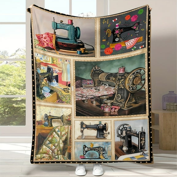 [Vintage Pattern Cozy Flannel Throw] Cozy Vintage Sewing Machine Pattern Flannel Throw Blanket - Perfect Gift for Friends, Soft & Warm for All Seasons