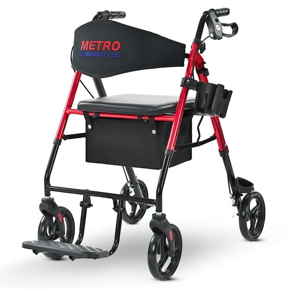 With padding 4 Wheel Rollator Walker With Seat, Steel Rolling Walker 8" Wheels300 Pound Weight Capacity Red