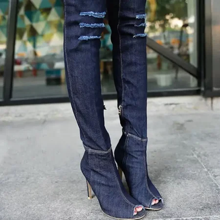 

Women‘s Denim Thigh High Boots Open Toe Stiletto Heels Ripped Boots Stylish Shoes Women‘s Footwear