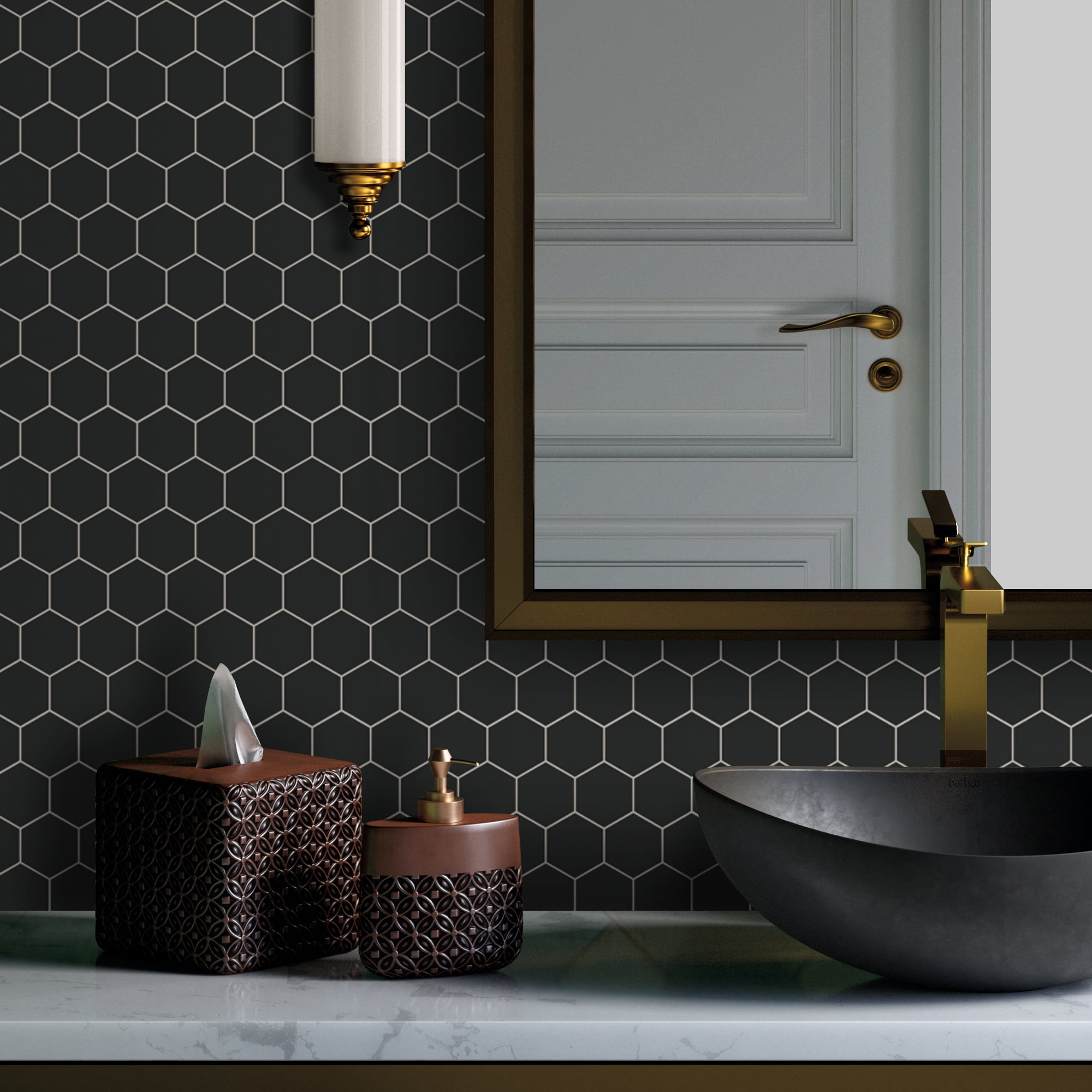 Sunwings Peel and Stick Backsplash Tile in Hexagon for Kitchen Bathroom Fireplace (10 Tiles,  Black)