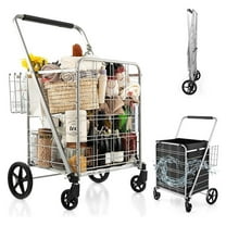 Jumbo Deluxe Folding Shopping Cart, Foldable Grocery Cart on Wheels with Cloth Liner, Double Baskets, Hold Up to 330 LBS, Heavy Duty Utility Cart for Laundry, Grocery, Shopping