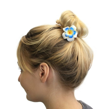 Plumeria Foam - Hawaii Luau Party Foam Cute Small Double Layer Plumeria Hair Clip Blue on White, 4 Pack