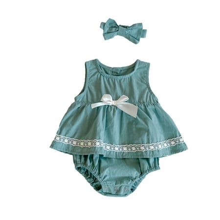 

2Pcs Baby Romper Sleeveless Cotton Toddlers Bodysuit Dress Headband