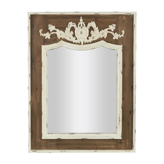 DecMode 33" x 43" Brown Vintage Inspired Acanthus Scroll Floral Wall Mirror with Distressed Cream Accents