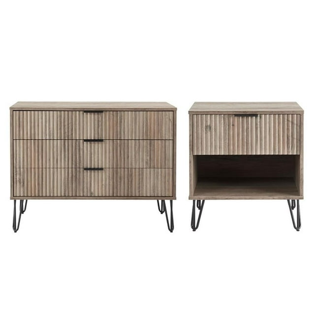 Pemberly Row Commode Standard à 3 Tiroirs en 2 Pcs et Table de Nuit 1.0 en Gris Pâle
