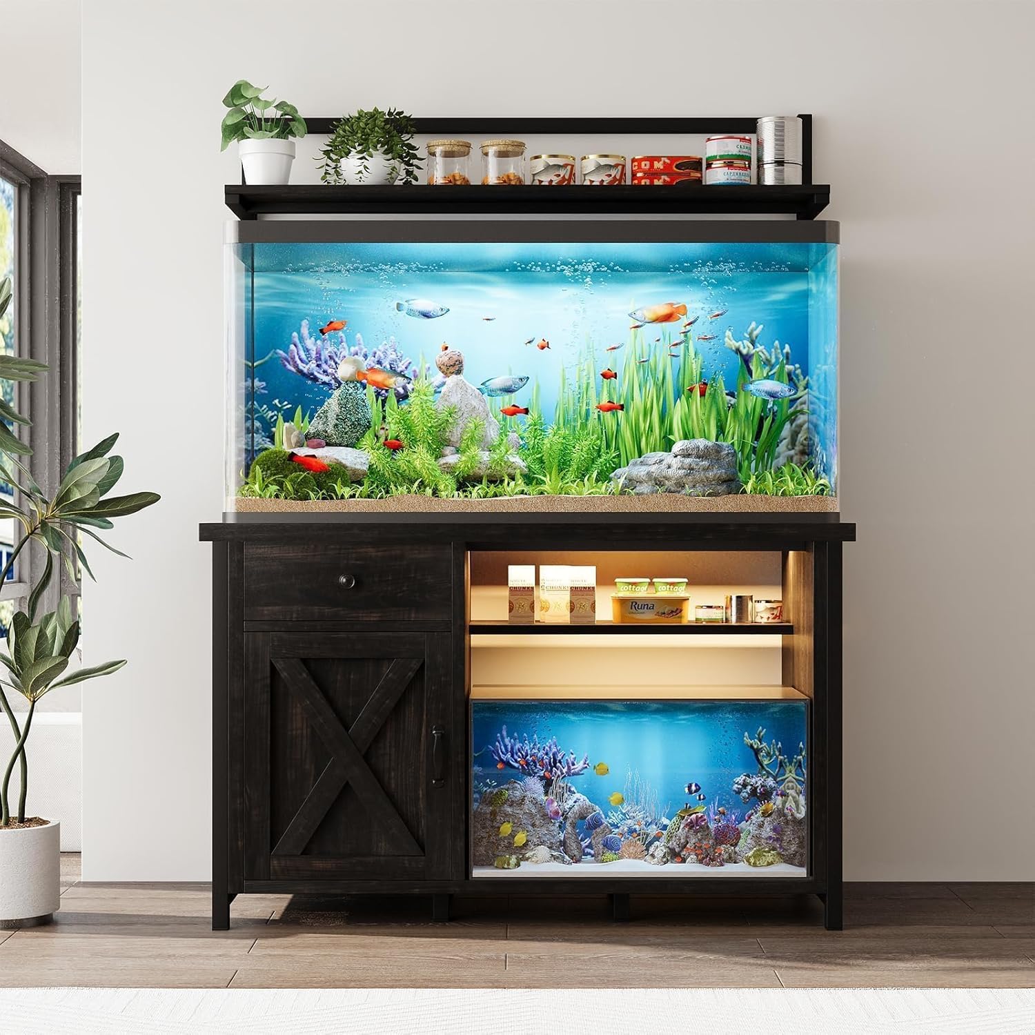 DreamCurship Fish Tank Stand with Power Outlet and Led Light, Cabinet for 55-75 Gallon Aquarium, RGB Lighting Strip Ideal for Turtle Enclosure, Supports up to 1100 Pounds, Oak
