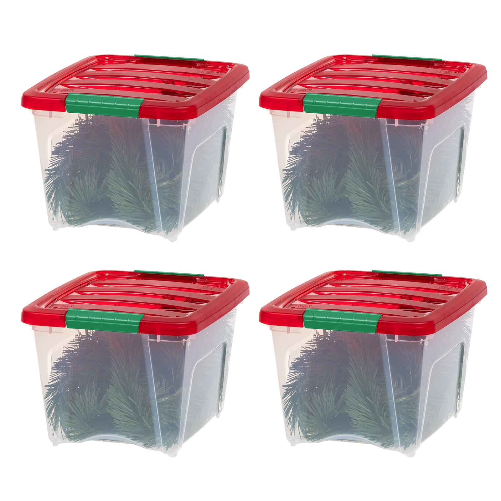 IRIS 19 Qt Stackable Holiday Plastic Storage Bins with Lids and Latching Buckles Clear Red 4 Pack