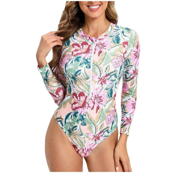 Youyipin Womens Swimsuits Long Sleeve Swimsuit Upf 50 One Piece Zip Floral Athletic Swim Wear Bathing Suit For Women