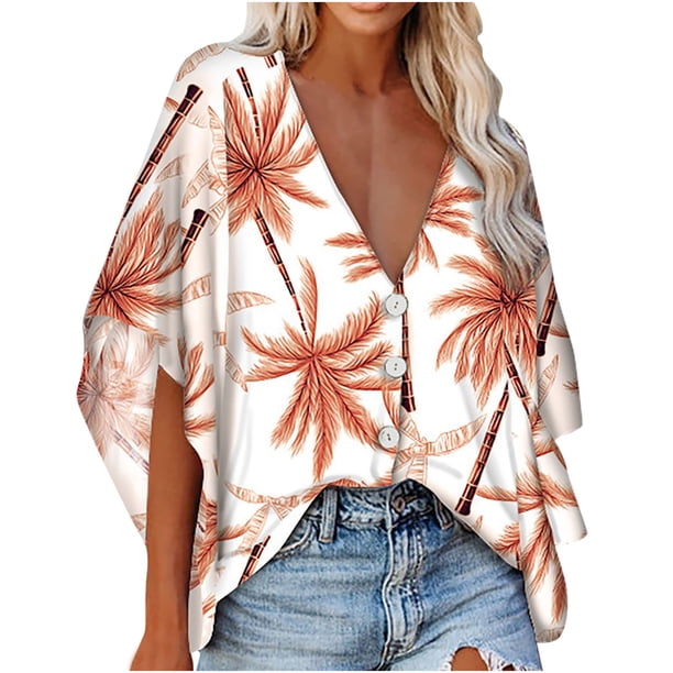 Camiseta de mujer Casual de gasa con cuello en V y manga de murciélago con estampado de teñido anudado Fridja ghj987+1875