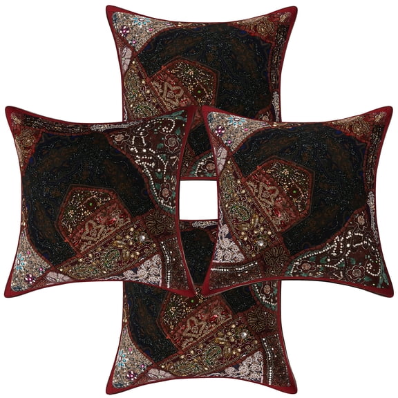 Stylo Culture Ethnic Cotton Living Room Throw Pillow Sham Covers Maroon 16 x 16 Bohemian Beaded Sequins Patchwork Embroidered Couch Cushion Covers 40x40 cm Home Decor Square Pillow Cases | Set Of 4