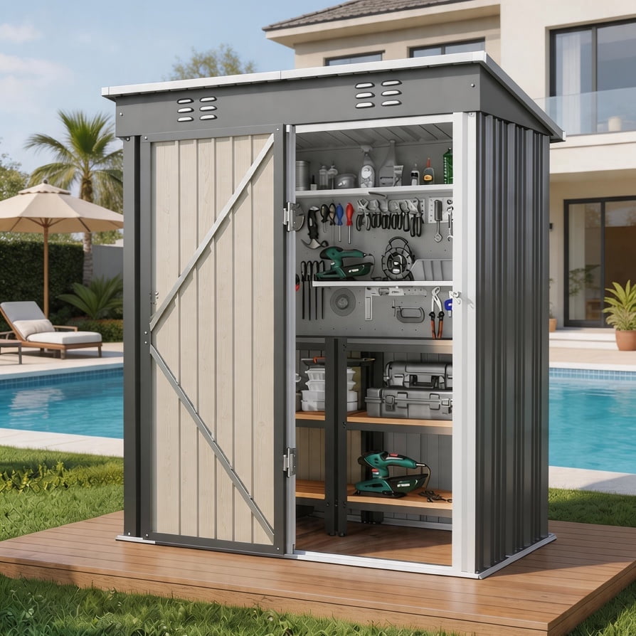 Asofer 5x3 ft Galvanized Steel Outdoor Storage Shed - Weatherproof Tool Shed with Air Vent, Dark Gray