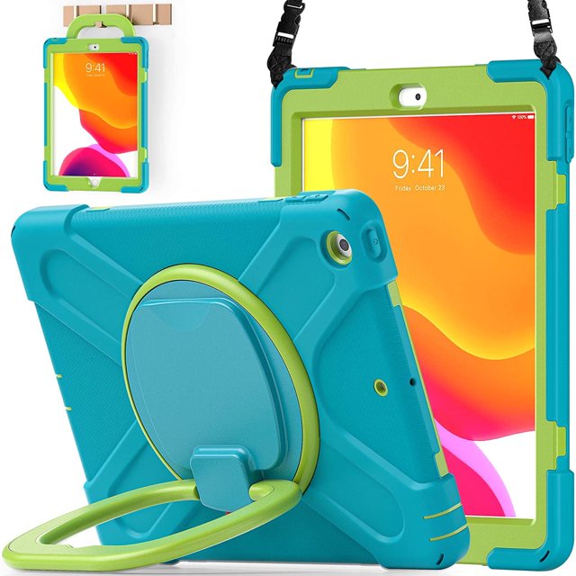 KOMI for iPad 9th/ 8th/ 7th Generation Case (iPad 10.2 inch Rugged Case 2021/2020/2019) with Screen Protector, Rotating Stand/Pencil Holder/Carrying Shoulder Strap Ring Kickstand (Light Lime)