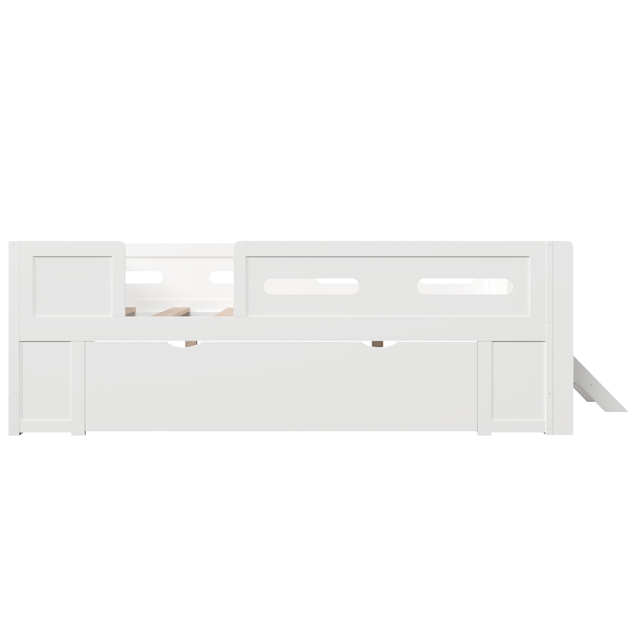 Noble House Genrix Full Size Pine Wood Platform Bed with Guardrail and Storage Drawer, Kids Bed Frame, White