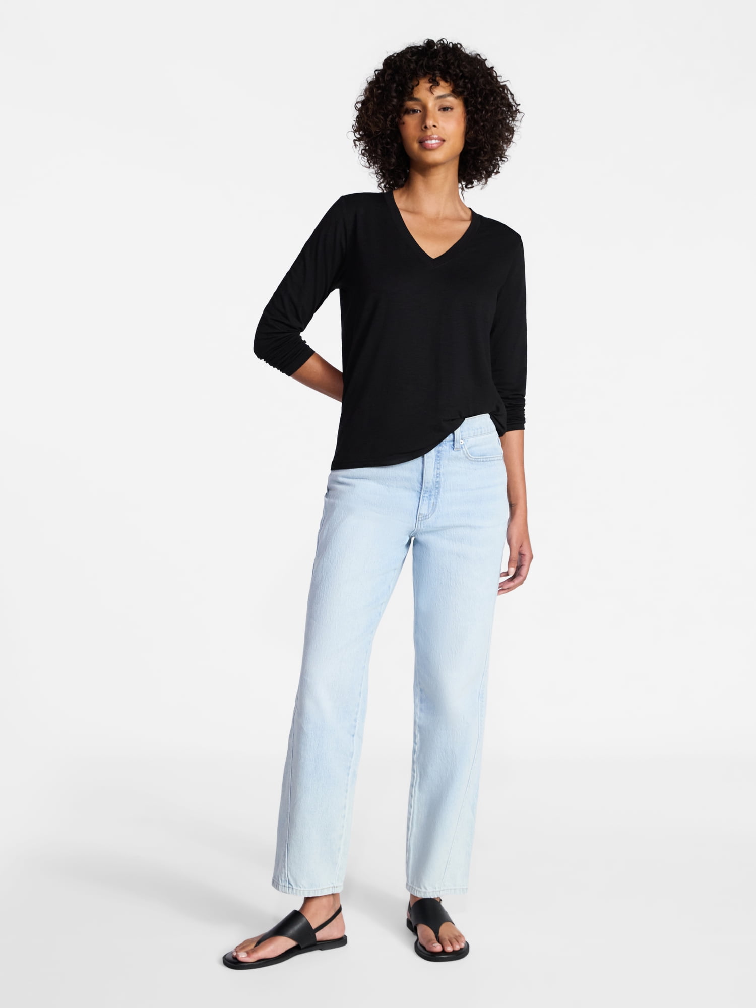 Time and Tru Women's Slub V-Neck Tee with Long Sleeves, Sizes XS-XXXL