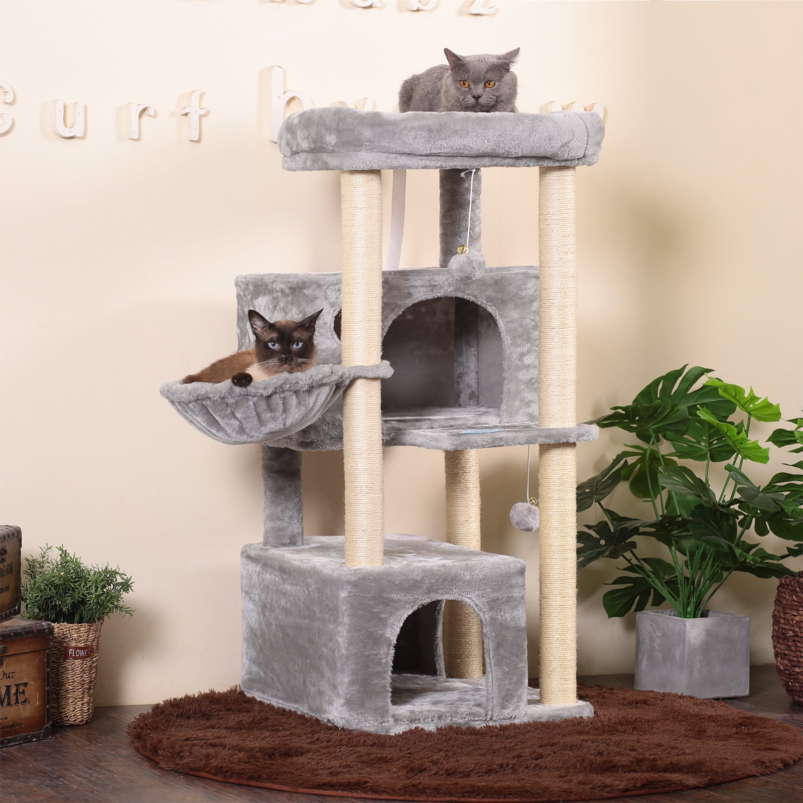 Hey-brother 43.3 inches Cat Tree,Multi-Level Cat Condo Tower with Big Plush  Perches for Large Cat Light Gray