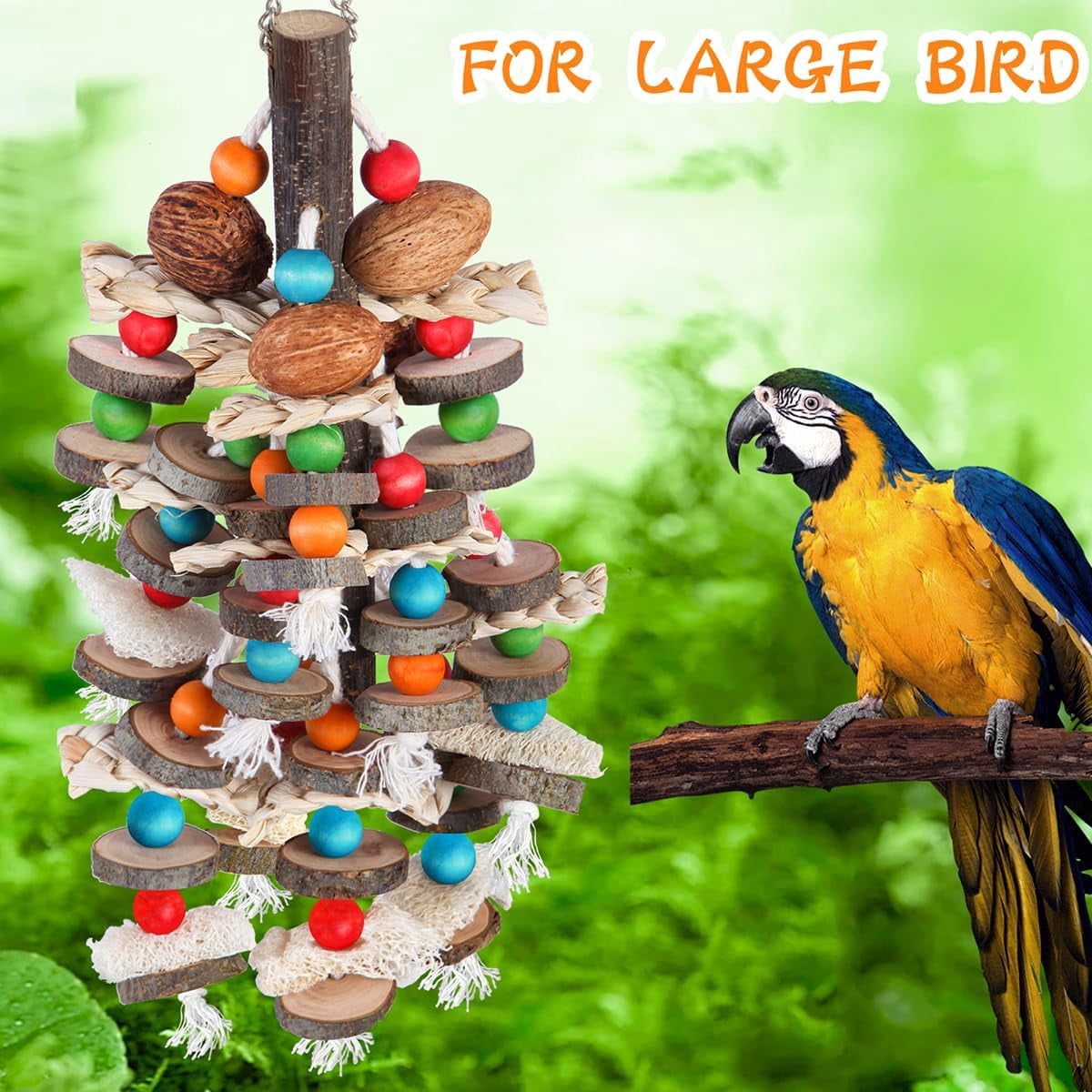 Parrot Toys Bird Chewing Toys-Natural Nuts Corn Loofah Wooden Bird Cage Toy for African Grey, Macaws, Conure, Cockatoos, Cockatiel, Amazon Parrots and Other Birds