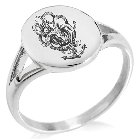 Stainless Steel Nautical Octopus Anchor Minimalist Oval Top Polished Statement Signet Ring