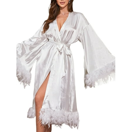 

Gwiyeopda Women Feather Robe Long Sleeve Lingerie Kimono Cover Ups Babydoll Bridal Bathrobe Nightgown