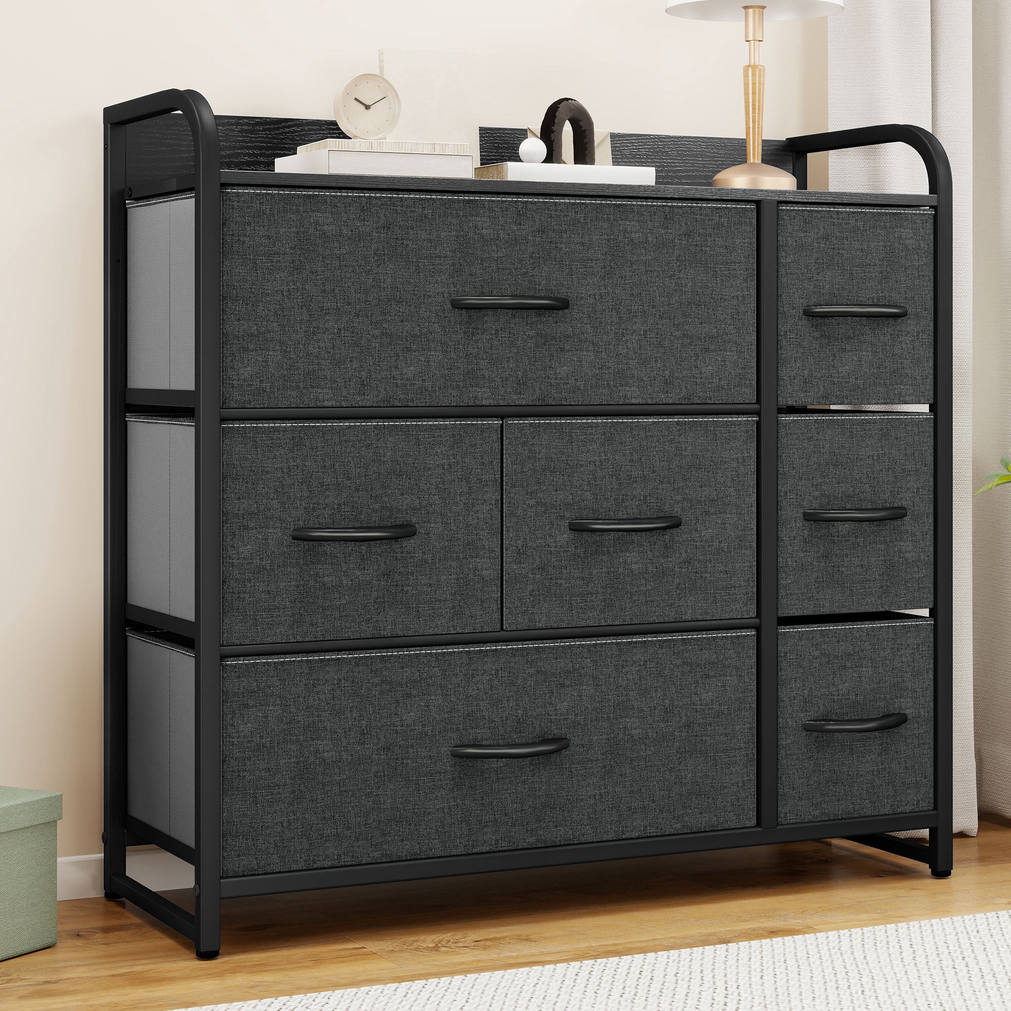 Uforic 7 Drawer Storage Fabric Dresser with Sturdy Steel Frame and Wooden Top, Foldable Easy Pull Fabric Bins, for Living Room, Bedroom, Closet, Entryway, Black