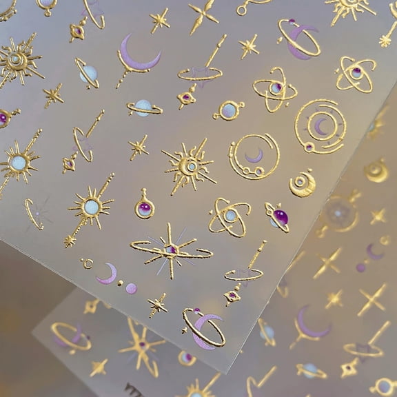 Solargess Gold Nail Stickers Moon Star Nail Stickers for Nail Art 5D Embossed Nail Art Stickers Gold Star Nails Decals Retro Nails Design for Women DIY Decor Manicure Accessories