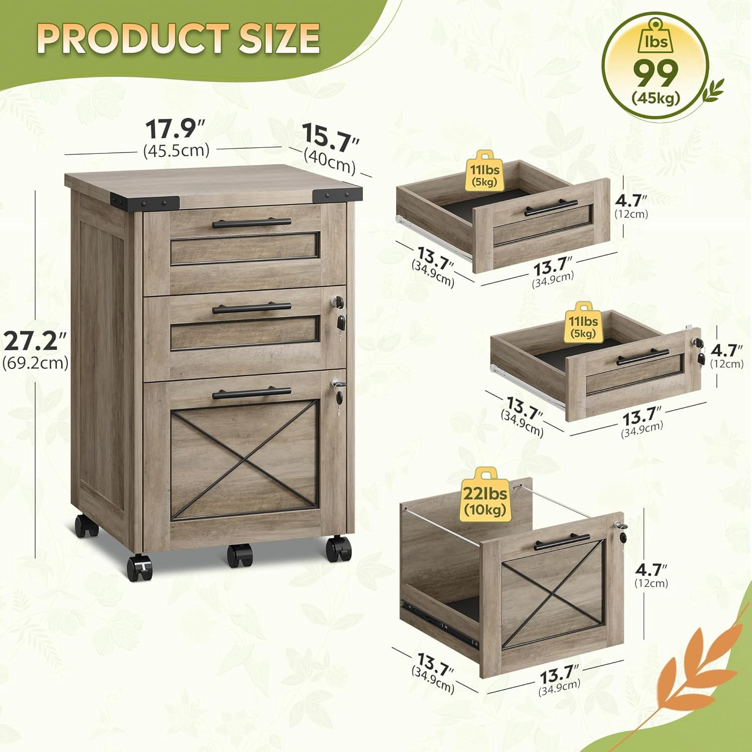 3-Drawer File Cabinet with Hanging Files, Mobile Rolling Storage Cabinet for Home Office, Printer Stand, Farmhouse Style, Gray