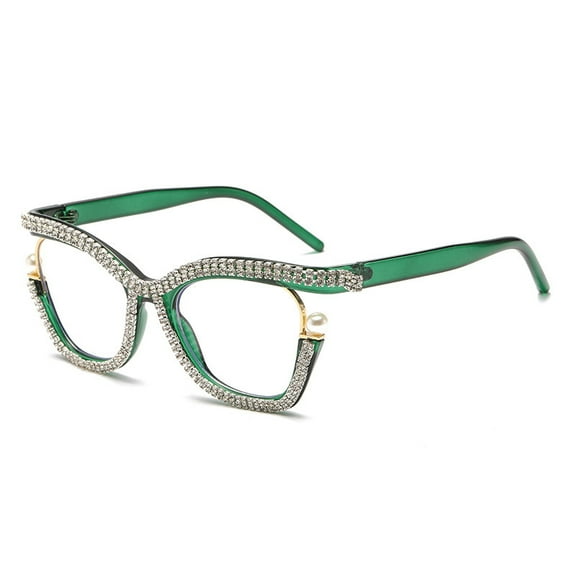 Women Oversized Silver Rhinestone Green Glasses Frame Ladies Stylish Anti-blue Light Eyeglasses Frame