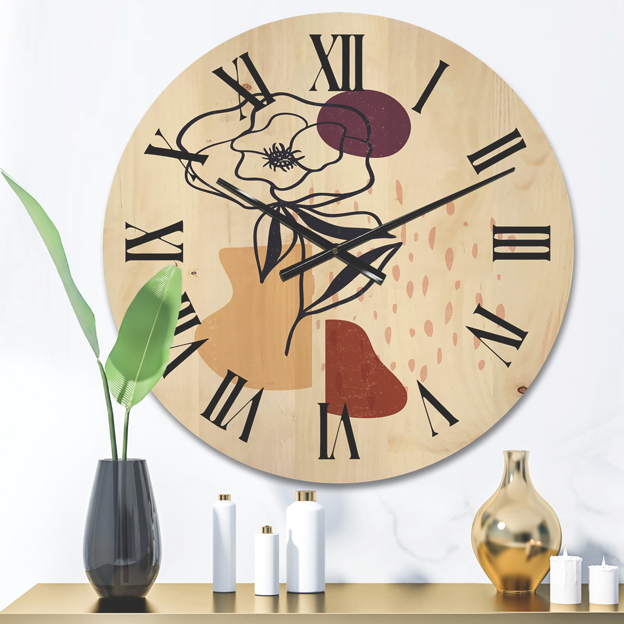 Designart 'Minimalist Shapes With Ancient Flower I' Modern Wood Wall Clock