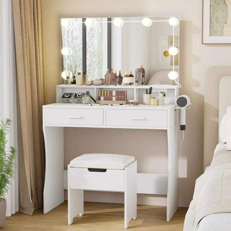 white christmas dresses Garvee Vanity Desk with Mirror and Lights, Makeup Vanity with Power Outlet, 3 Lighting Modes Adjustable Brightness, Small Vanity Table Set with 2 main image 0