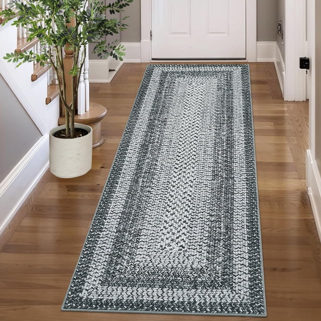 Printed Rug with Braided Pattern on it, Washable Runner 2x8 Rugs for Entryway Non Slip Kitchen Runner Grey Low Pile Hallway Rug Stain Resistant Carpet for Bathroom Laundry Room