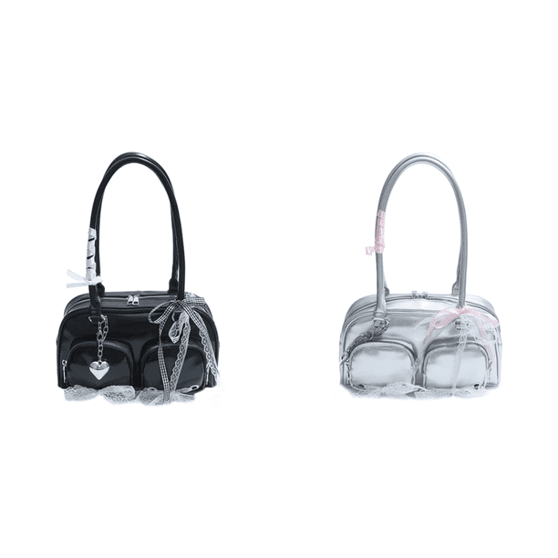 Bolso de hombro Mujeres Bow PU Lace de cuero Axila Bowknot Boston Black